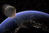 A graphic illustration depicting an asteroid hurtling through space towards earth