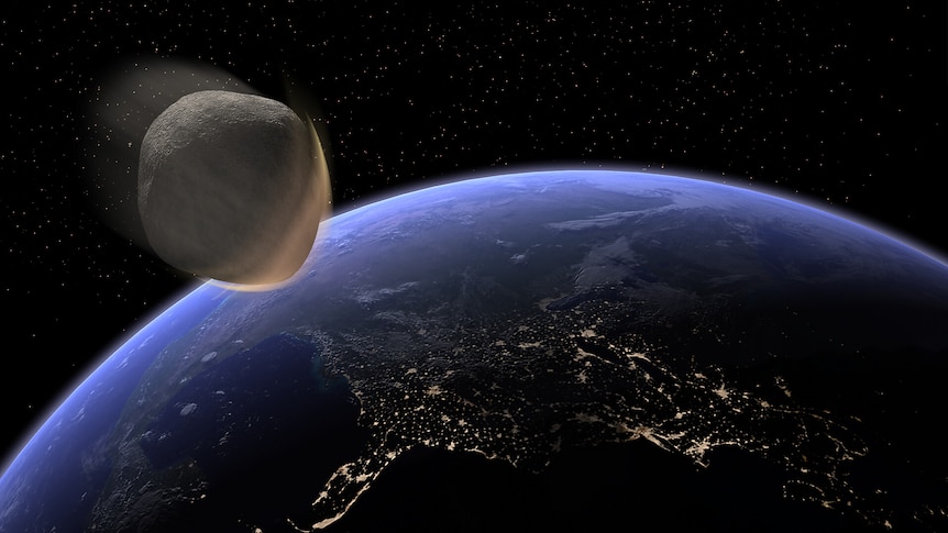 A graphic illustration depicting an asteroid hurtling through space towards earth