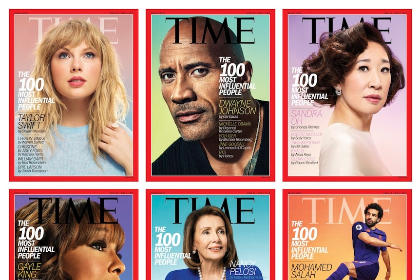 Taylor Swift, Dwayne "The Rock" Johnson, Sandra Oh, Gayle King, Nancy Pelosi and Mohamed Saleh TIME.