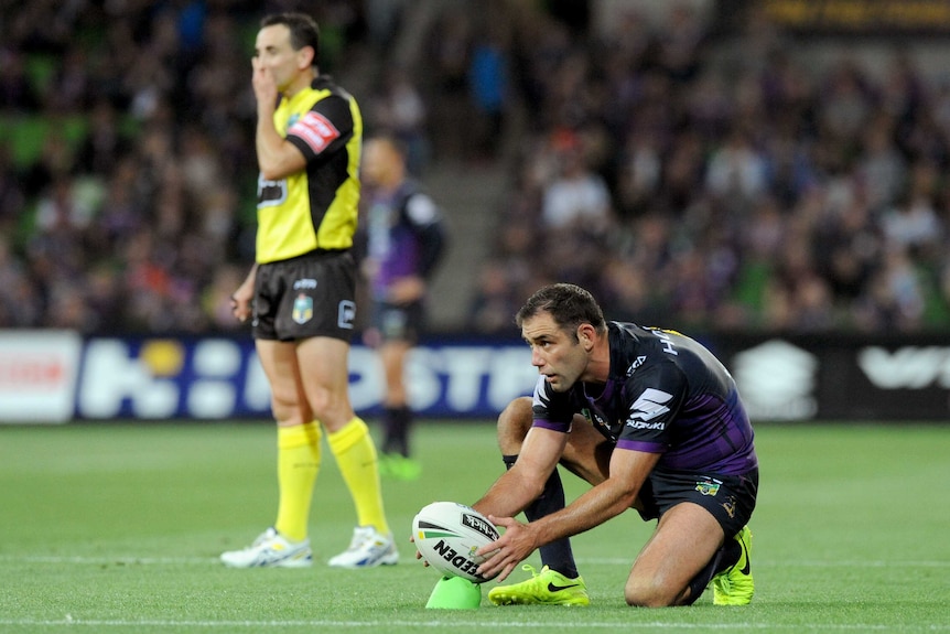 Cameron Smith lines up the winning conversion from close to the sideline against the Broncos.