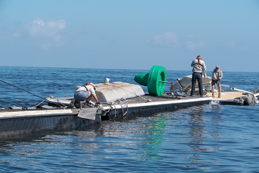 Debris from the floods being cleared from Moreton Bay this week. 