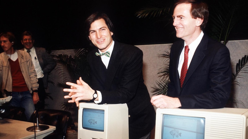 Steve Jobs (centre) unveils the new Macintosh on February 6, 1984.