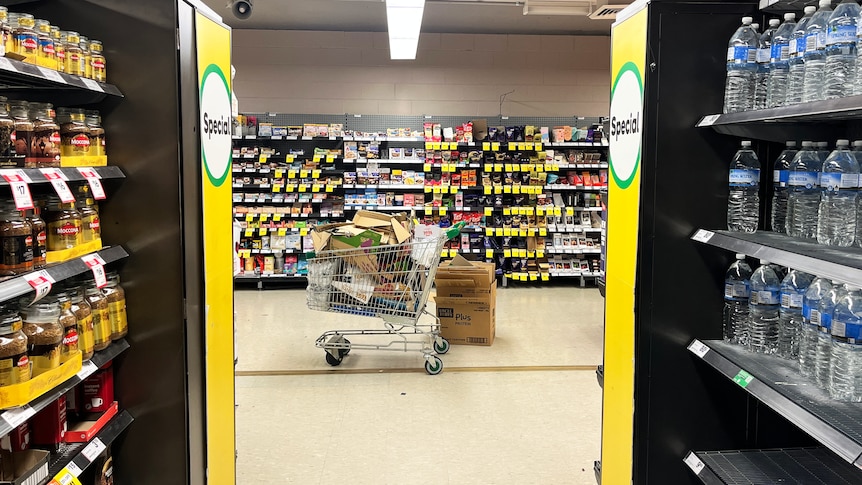 The view from a supermarket aisle, with discount stickers visible in the background. 
