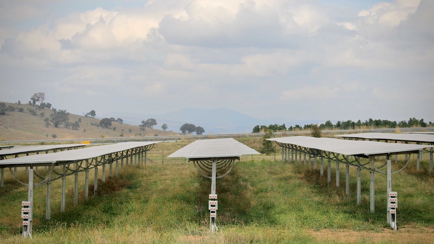 Solar panels sit out in a field in Canberra on an overcast today