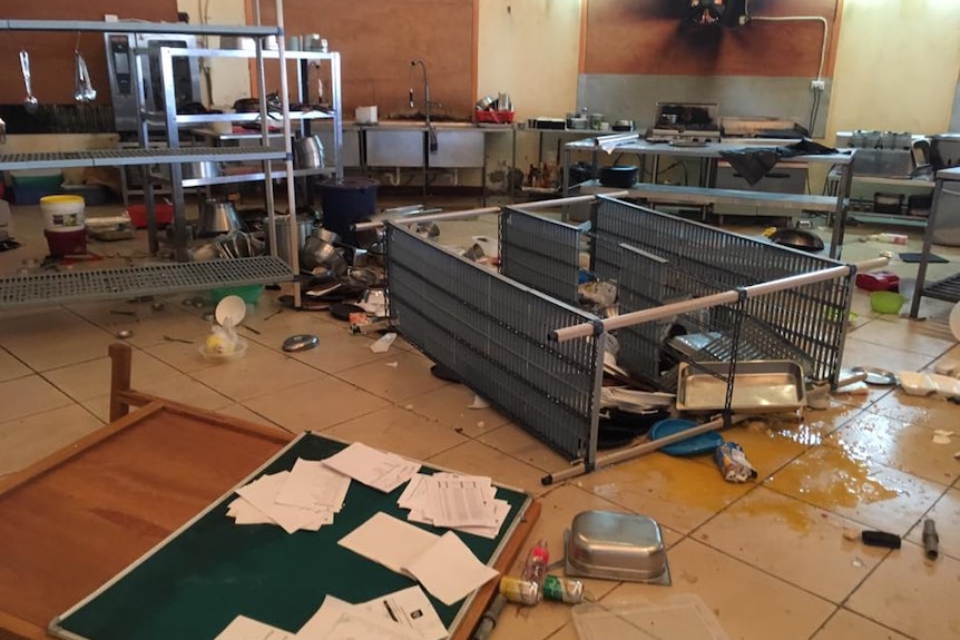 Shelves and other equipment lies on the floor of the Pacific Casino Hotel kitchen.