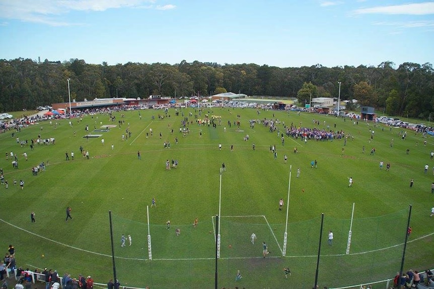 An aerial photo of a country football match in the Alberton Football Netball League