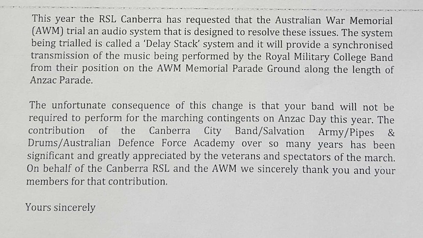 A letter from the RSL to the Canberra City Band.