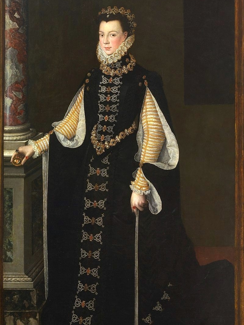 An historic painting of a young queen in dark long gown