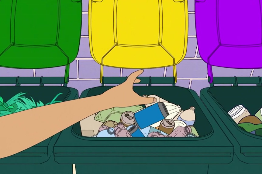 An animated image of a hand putting recycling into a yellow-lidded bin.