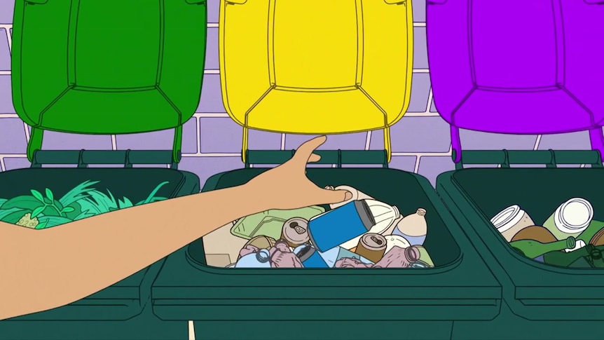 An animated image of a hand putting recycling into a yellow-lidded bin.