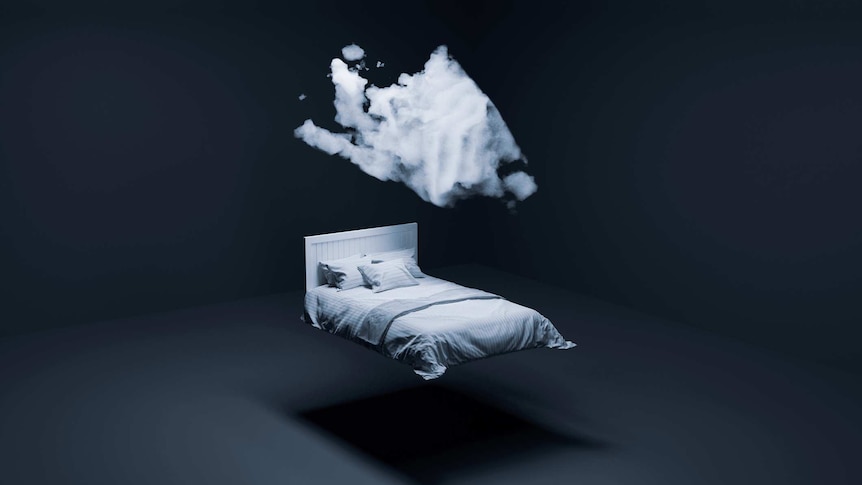 An illustration showing a cloud above a bed