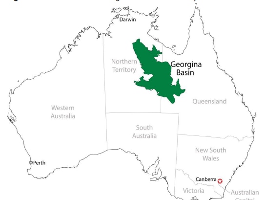 A map showing the Georgina Basin encompassing parts of the NT and north-west Queensland