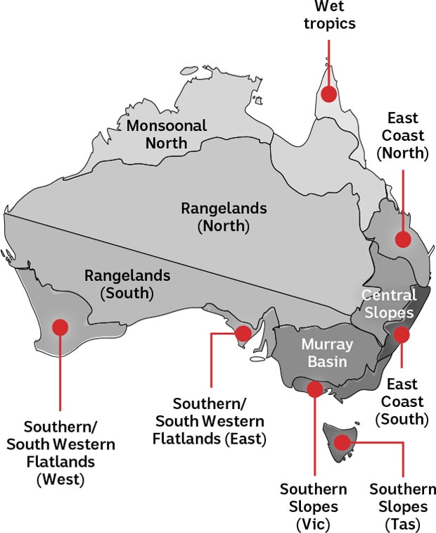 Map showing the 12 regions examined in the Australian Actuaries Climate Index
