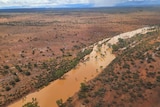 An aerial shot of a large stream of reddish-brown water in an outback landscape.