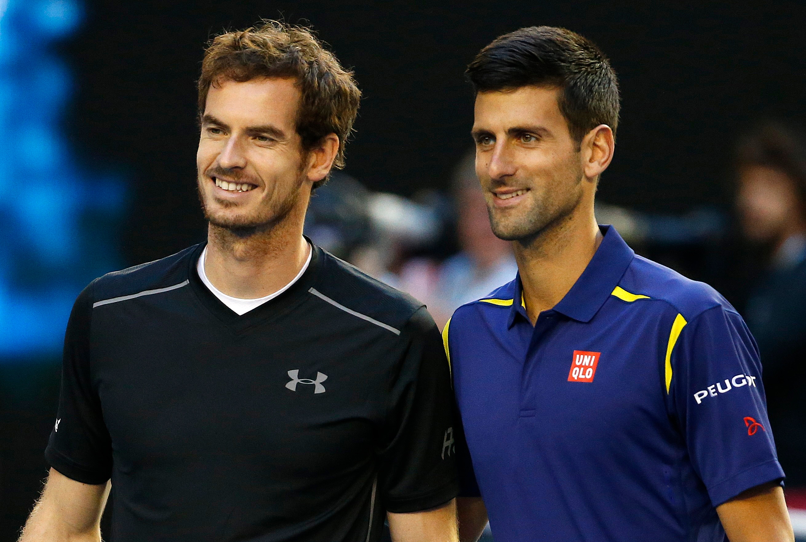 Andy Murray and Novak Djokovic standing side by side smiling for a photo