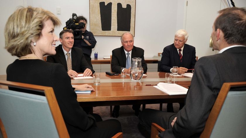 Opposition Leader Tony Abbott and his deputy Julie Bishop met the independents late this afternoon.