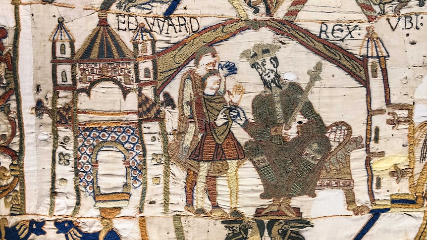 A portion of the tapestry depicts an interaction between Edward the Confessor and Harold II of England.