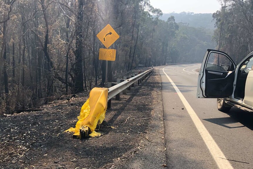 A melted road barrier surrounded by burnt trees.
