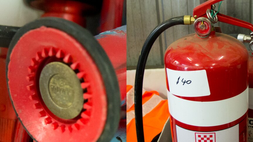 Red fire hose nozzles, a fire extinguisher can with price tag of $40.