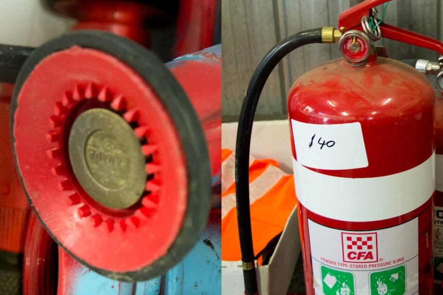Red fire hose nozzles, a fire extinguisher can with price tag of $40.