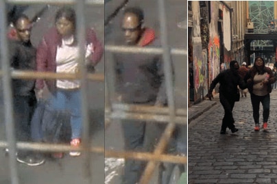A man and woman pictured from security cameras walking along Hosier Lane.