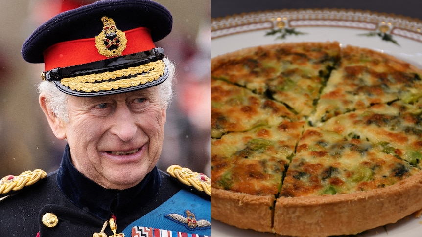 Left: King Charles III in military uniform. Right: Photo of the Coronation Quiche sitting on a plate.