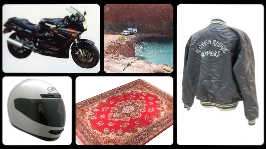A collage of all the evidence presented so far, Motorbike, Helmet, rug, location, jacket.