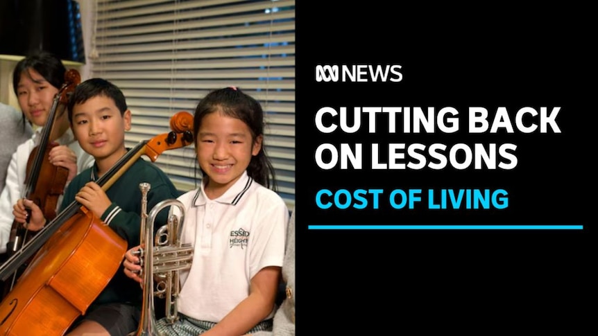 Cutting Back on Lessons, Cost of Living: Three children holding musical instruments.