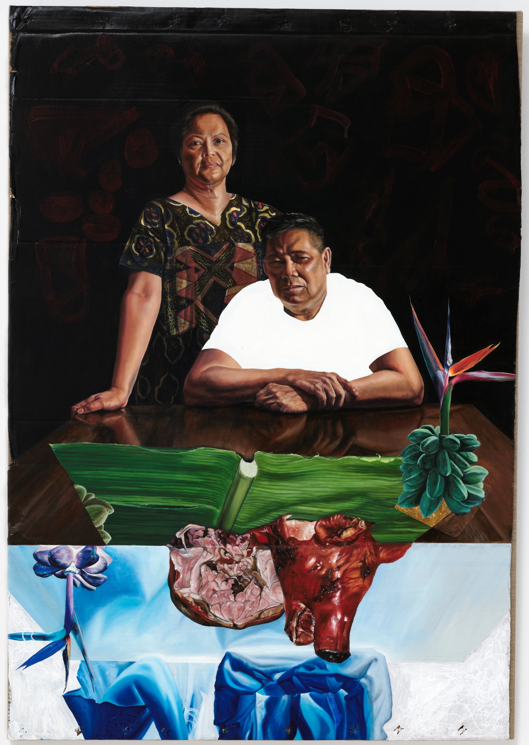 A painting of two Filipinx people at a table, laid with roast pig, banana leaf and a flower.