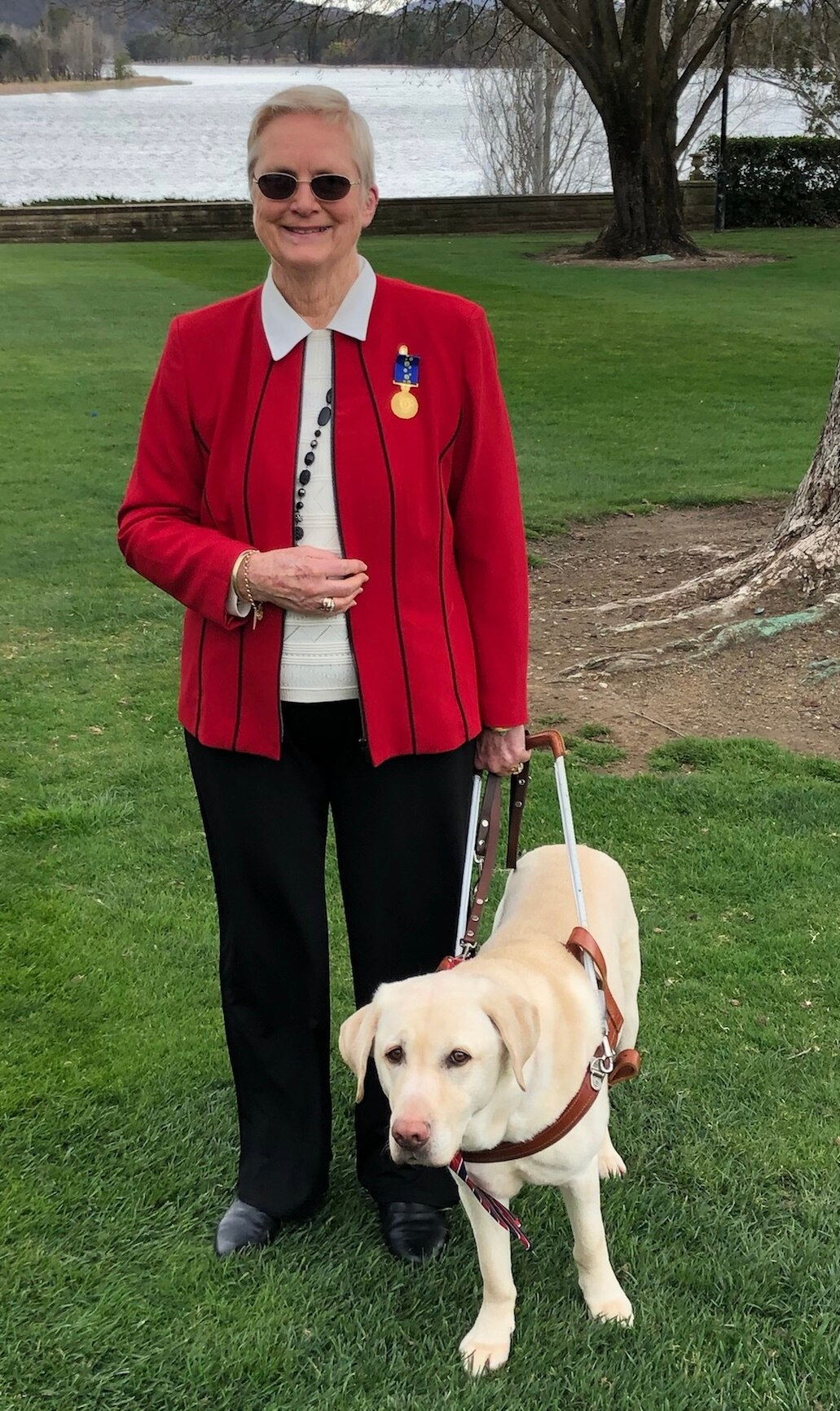 Older woman in a red cardigan and black pants stands next to a labrador who assists her