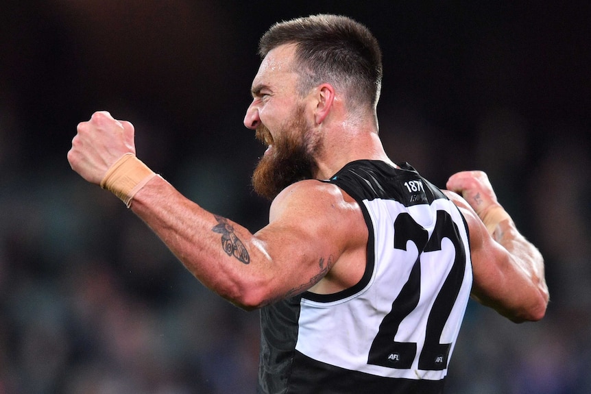 A Port Adelaide AFL player pumps his fists as he celebrates a goal against Western Bulldogs.