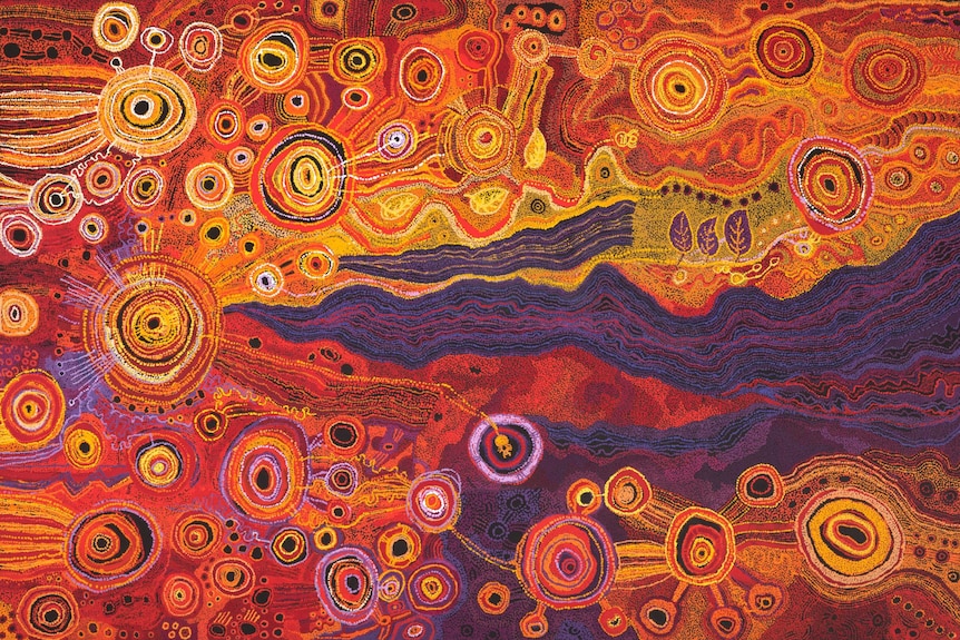A painting by the Ken Family Collaborative with bright colours, lines and dots, depicting the story of the Seven Sisters