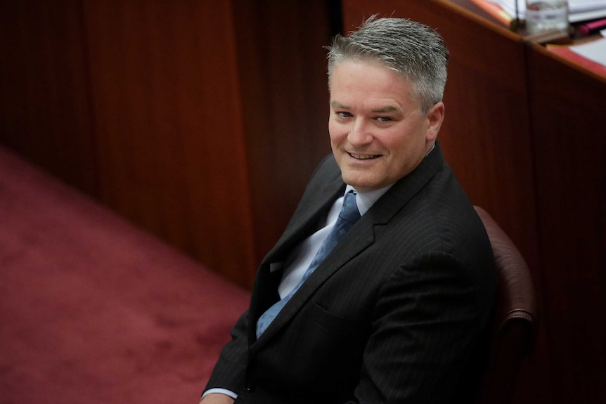 Mathias Cormann smiles while sitting in the leader in the senate's seat