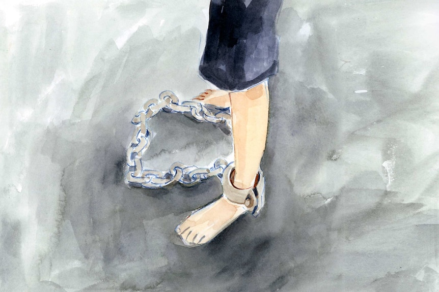 An illustration of a person's legs, their feet are shackled together.
