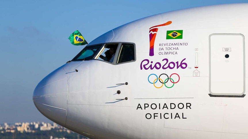 The official plane arriving with the Olympic flame in Brasilia, Brazil on May 3, 2016.