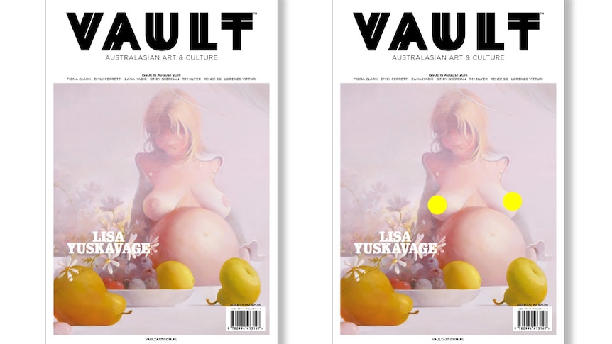 Two magazine covers featuring a nude pregnant woman, the left uncensored, the right with yellow stickers covering her nipples.