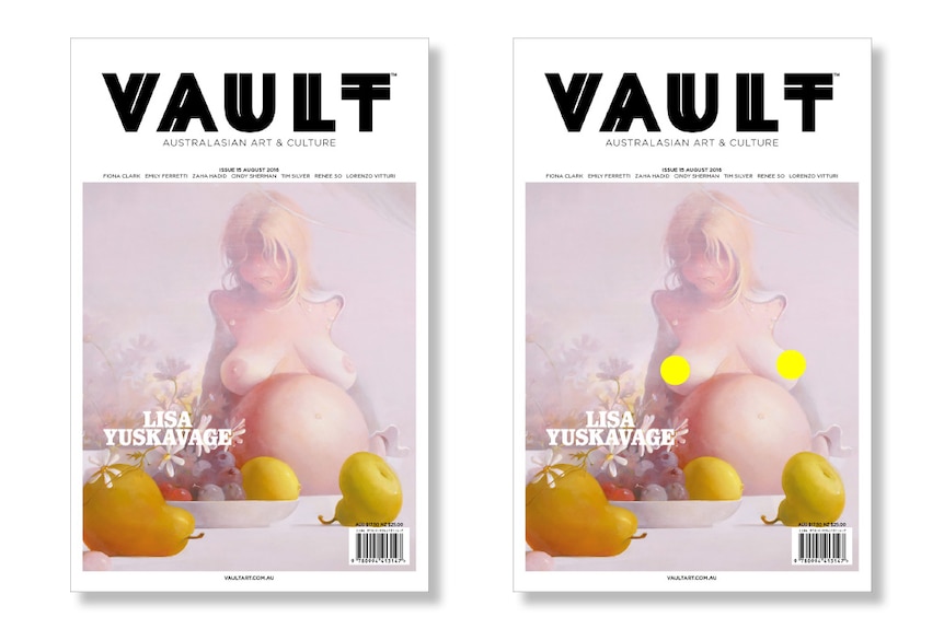 Two magazine covers featuring a nude pregnant woman, the left uncensored, the right with yellow stickers covering her nipples.