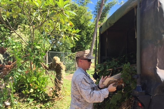 A US Marine loads broken trees into a defence vehicle.