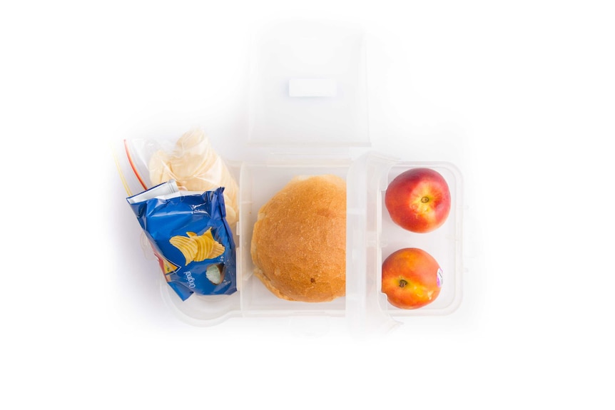 Vegemite and butter on a white roll, a packet of Smith's plain chips, rice crackers, and two nectarines in a clear lunch box.