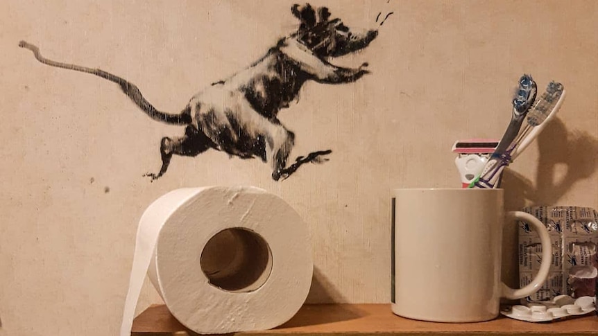 A painting of a rat runs on a toilet roll in a bathroom.