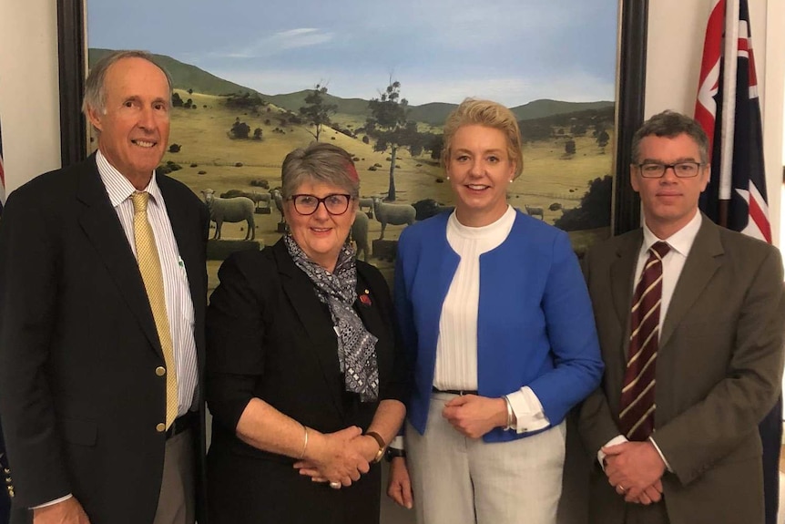 A group stands in a line with a farm landscape painting and Australian flags behind them