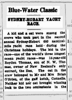 A newspaper article snapshot that mentions a cat on board a yacht.