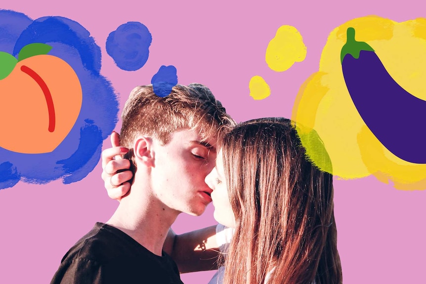 A young couple kissing with thought bubbles of suggestive fruit illustrated above them.