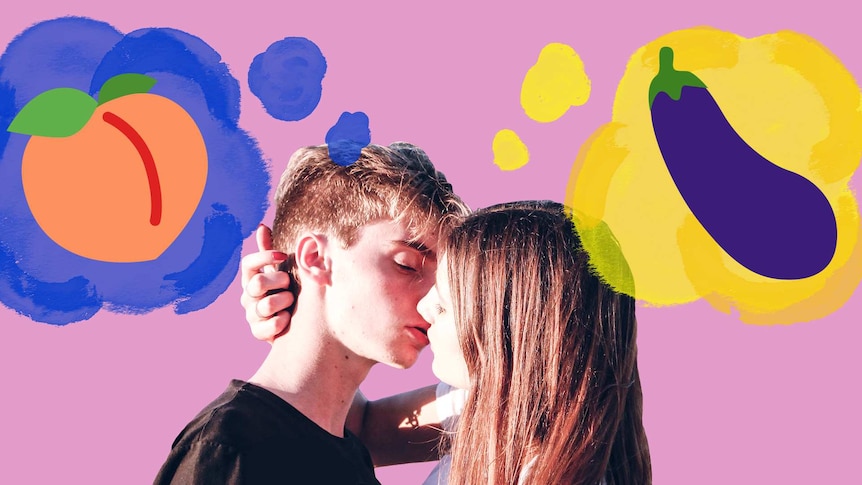 A young couple kissing with thought bubbles of suggestive fruit illustrated above them.