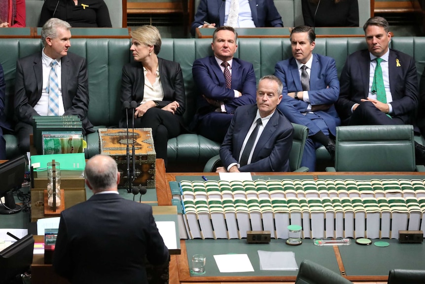 Opposition Leader Bill Shorten and the Labor frontbench reacts to Treasurer Scott Morrison's budget speech on May 8 2019.