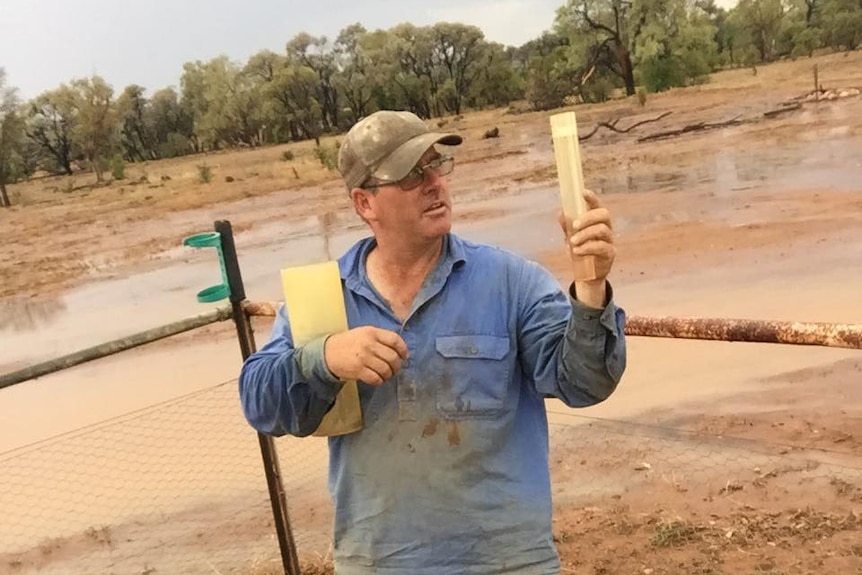 Daniel Hayman stands and holds a rain gauge in the mud at Milray property.