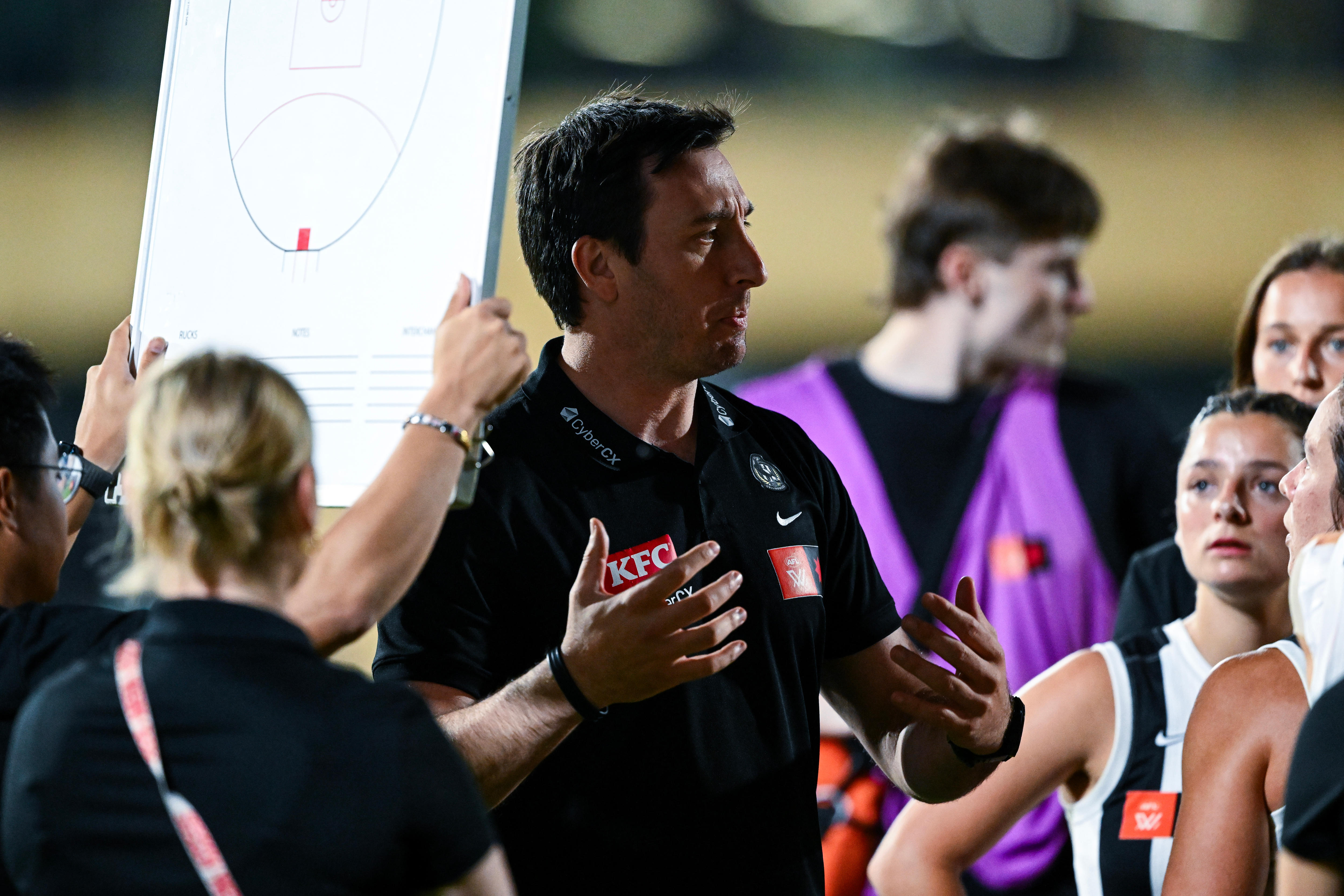 Sam Wright, senior coach of the Magpies during the round 11 AFLW match between Port Adelaide Power and Collingwood Magpies.