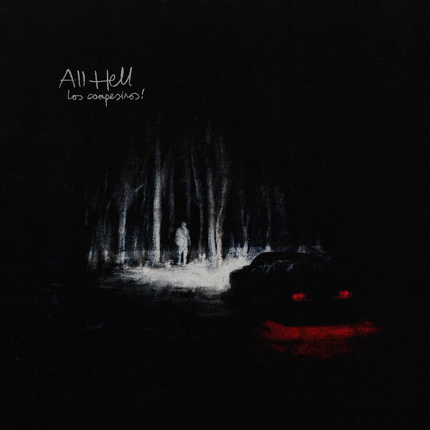 dark drawing of a person in the woods lit up by the headlights on a car