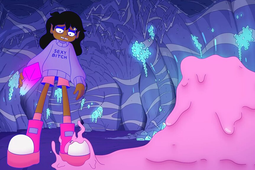 Animated still of a brown woman in a cave, holding a crystal. A strange pink goo is taking over her right shoe.