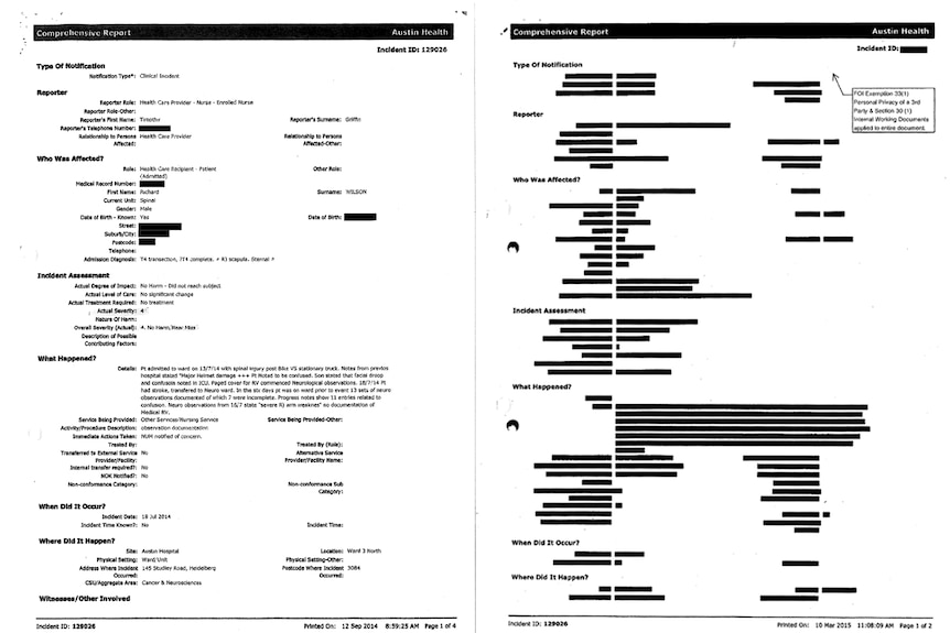 Composite image of two documents, one with text, one with almost all text covered by large black boxes